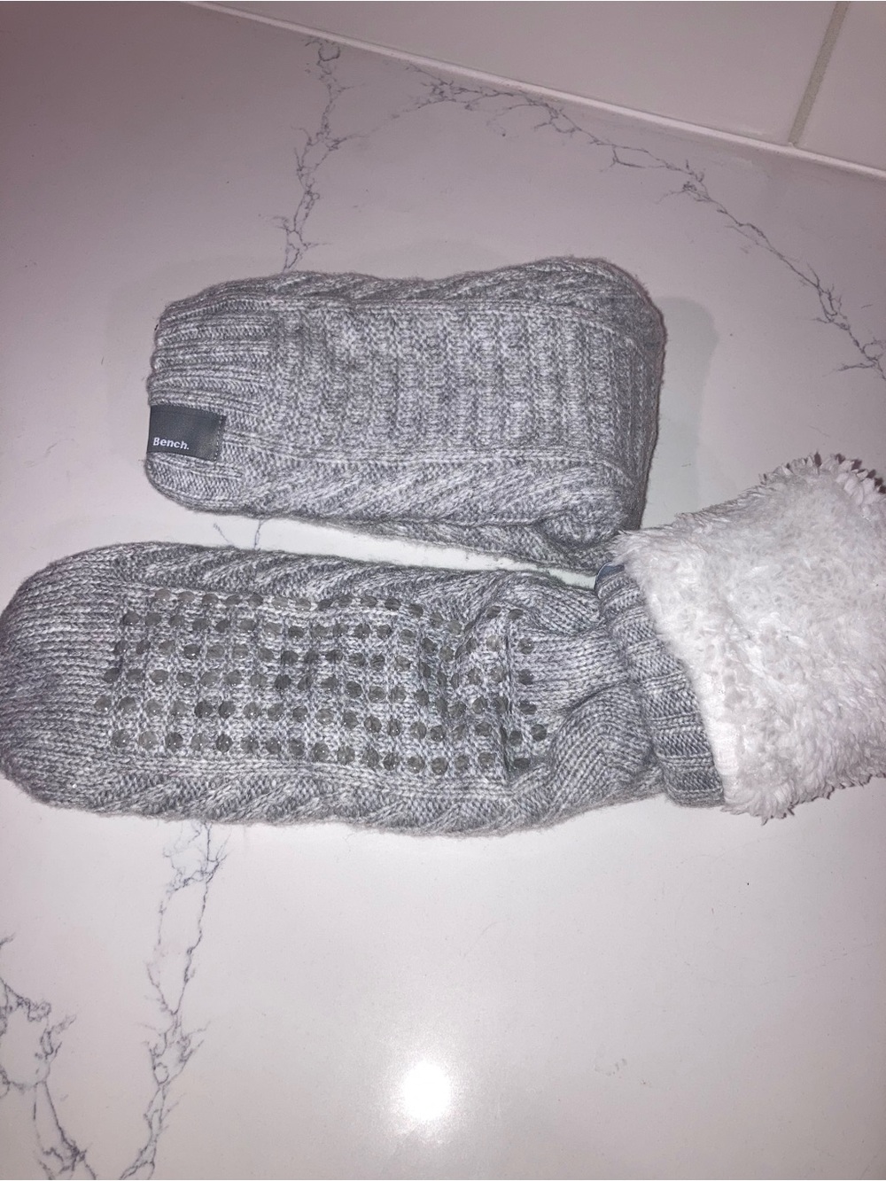 Bench Grey Knit Sherpa Lined Sock Slippers NWOT